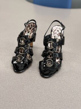 Manolo Blahnik - Black Patent Strappy Heeled Sandals with Ring Accents